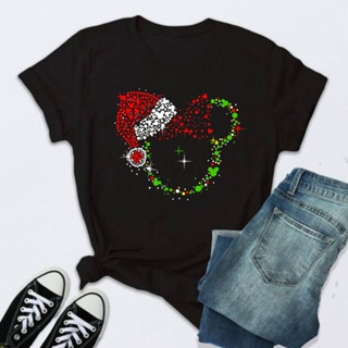 New Minnie Christmas Hat Print T-shirts for Women Fashion Christmas T Shirt Streetwear Female Clothes Kawaii Disney T Sh