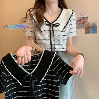 AKIFOON🌷พร้อมส่ง🌷 67209* เสื้อยืดผญสวยๆ เสื้อยืดไหมพรม เสื้อครอปแขนสั้น คอวี งานสวยดูดี