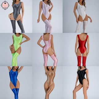 สินค้า Women Glossy Swimsuit High Cut Backless Thong Bodysuit oily Blackless Leotard Jumpsuits & Rompers