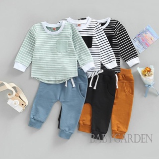 Babygarden-0-3years ชุดสูทลําลอง แขนยาว พิมพ์ลายทาง และกางเกงขายาว แต่งเชือกรูด สําหรับเด็กผู้ชาย