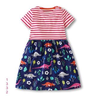 Dress-1332-dlv กระโปรงเด็กสีชมพูแดง ลายไดโน+ดอกไม้ Size-100 (3-4Y)