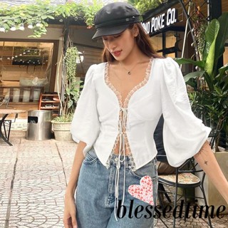 Blessedtime- เสื้อยืดแขนยาว คอวี ผ้าลูกไม้ สีขาว แบบผูกเชือก แฟชั่นฤดูใบไม้ผลิ และฤดูใบไม้ร่วง สําหรับผู้หญิง