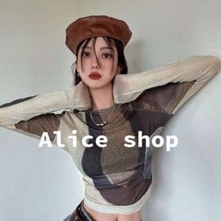 Alice เสื้อครอป เสื้อยืดแขนยาวผู้หญิง สไตล์เกาหลี 2023 ใหม่ MO22116