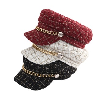 *พร้อมส่ง* Beret hat หมวกเบเร่ต์ ประดับโซ่ทอง ลายสก็อต