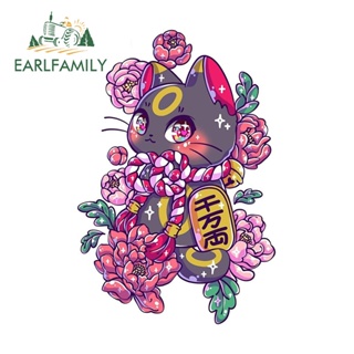 Earlfamily สติกเกอร์ไวนิล ลายการ์ตูนกราฟฟิตี้ Maneki Neko Flower น่ารัก กันรอยขีดข่วน ขนาด 13 ซม. x 8.7 ซม. สําหรับตกแต่งรถยนต์