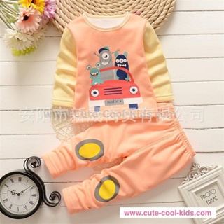 PJK-061 ชุดนอนเด็ก ผ้าหนา สีส้ม ลายรถ Size-90 (1-2Y)