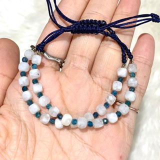 กำไลข้อมือ เชือกถัก มูนสโตน Moonstone + บลูอพาไทด์ Blue Apatite หินนำโชค หินแท้ 100% *ฟรีไซต์* (ราคาต่อเส้น)