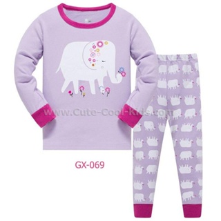 L-HUGX-069 ชุดนอนเด็กหญิง แนวเข้ารูป Slim Fit ผ้า Cotton 100% เนื้อบาง สีม่วง ลาย ช้าง