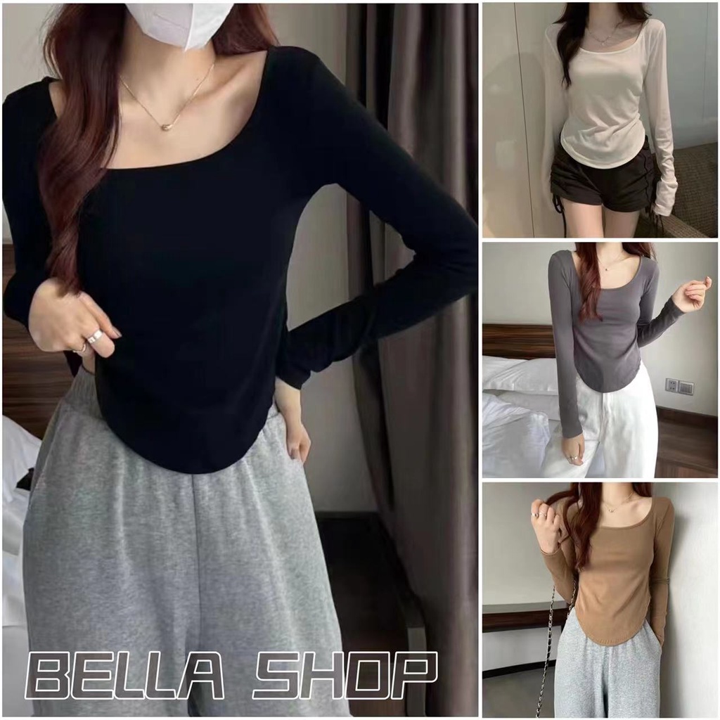 bella-เสื้อยืด-เสื้อคอเหลี่ยมแขนยาวสีขาว-สไตล์เกาหลี-เข้ารูปใส่แล้วดูผอม-พร้อมส่งจากกทม-มาถึงใน-3-5-วัน