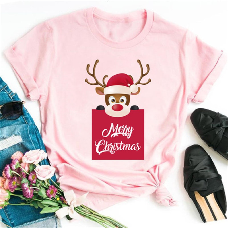 merry-christmas-antlers-womens-fashion-tops-casual-womens-o-neck-womens-black-tops-t-shirts-women-t-shirtsเสื้อยืดผู้