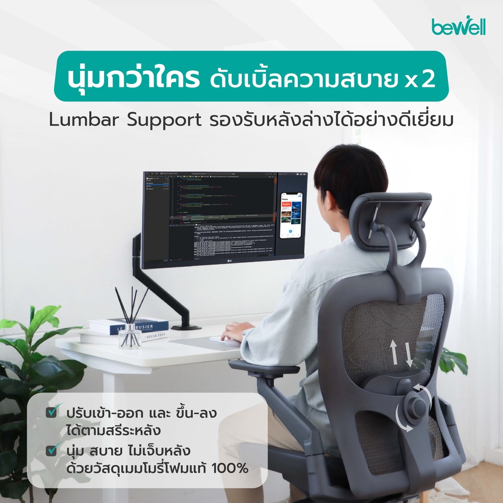Bewell Enclose เก้าอี้เพื่อสุขภาพ Ergonomic ระบายอากาศ รุ่นพรีเมียม Enclose เก้าอี้สีดำ เก้าอี้ทำงาน เบาะนุ่ม สบาย x2 ซัพพอร์ตหลังล่างได้ดีเยี่ยม