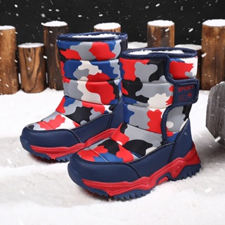 รองเท้าบูทกันหิมะแบบยาวปานกลางของเด็กผู้หญิง รองเท้าผ้าฝ้ายที่อบอุ่น รองเท้าบูทเด็กขนาดกลางและใหญ่ผ้าฟลีซหนากันลื่น