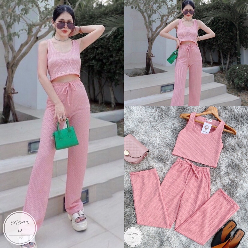 es091-เซตเสื้อครอปกางเกงขายาว-เสื้อแขนกุด-กางเกงขายาว-เอวสม้อกหลัง-แต่งเชือกผูกโบว์-งานผ้ายืดลายนูน-ทรงสวยใส่แล้วพอดี