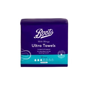 Boots Folded &amp; Wrapped Ultra Towels With Wings Normal 22cm 14S บู๊ทส์ โฟล์ด แอนด์ แรปด์ อัลตร้า โทเวลส์ วิธ วิงส์ นอร์มอล ผ้าอนามัย มีปีก 22 ซม. 14 ชิ้น