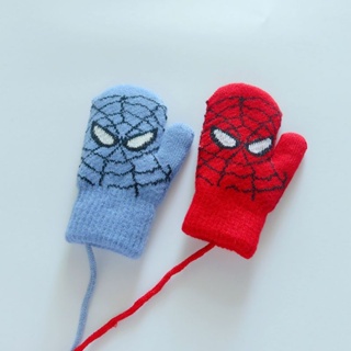 Spider-Man ถุงมือเด็กฤดูหนาวเด็กอบอุ่นบวกกำมะหยี่หนาห้อยคอเชือกเส้นเล็กถุงมือนักเรียนเด็กต้านคลื่นเย็น