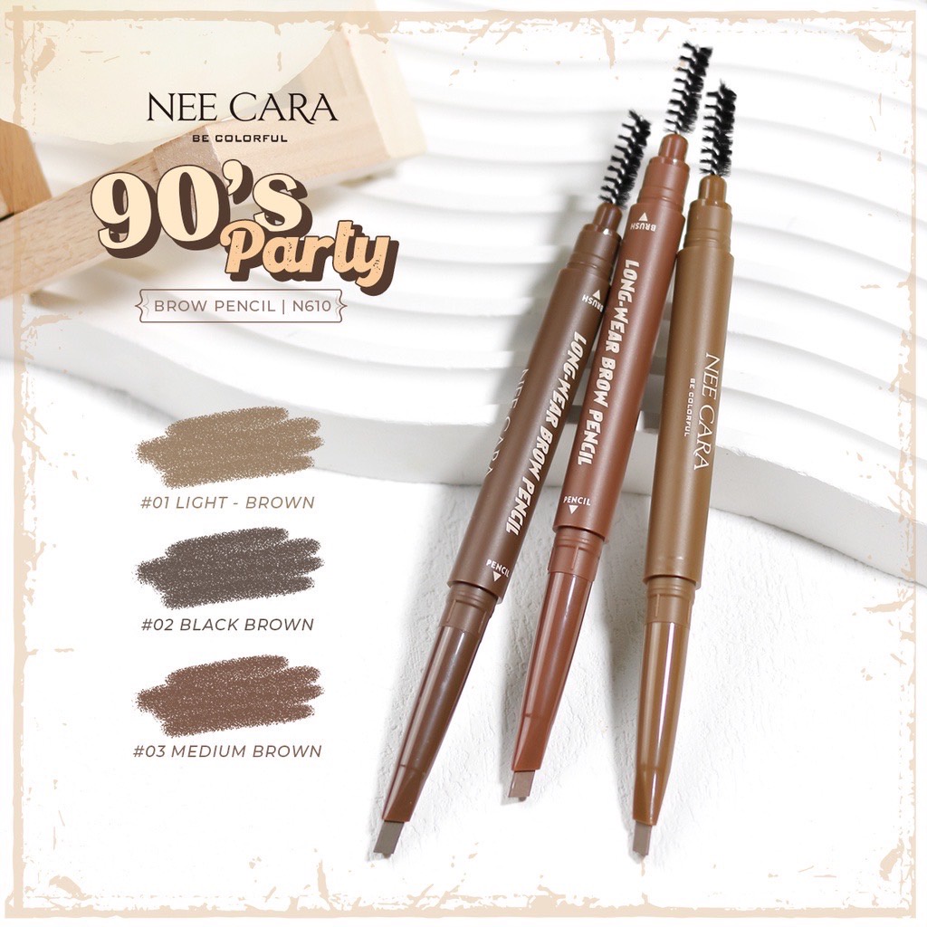 nee-cara-นีคาร่า-ดินสอเขียนคิ้วท์แบบหัวหมุนออโต้-เนื้อเนียน-เขียนลื่น-n610-90s-party-long-wear-brow-pencil