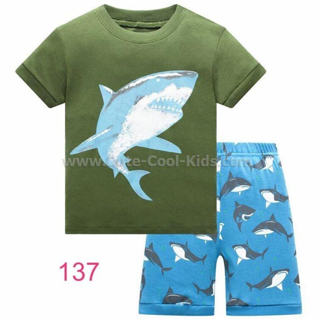 s-hub-137-ชุดนอนเด็กชายแขนสั้นขาสั้น-สีเขียว-ลายปลาฉลาม