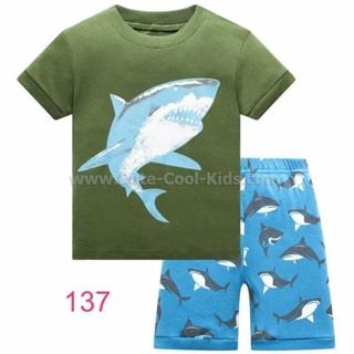 S-HUB-137 ชุดนอนเด็กชายแขนสั้นขาสั้น สีเขียว ลายปลาฉลาม