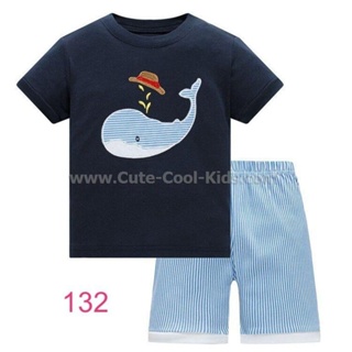 S-HUB-132 ชุดนอนเด็กชายแขนสั้นขาสั้น สีน้ำเงิน ลายปลาวาฬ