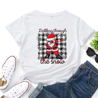 Summer Casual Fashion Regular T-shirt Female Graphic 100% Cotton Short Sleeve Christmas Santa Plaid Print Ladies O-Neck