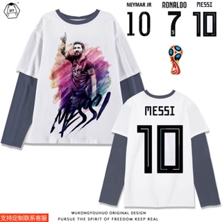 เสื้อยืดแขนยาว คอกลม พิมพ์ลาย Messi Neymar Ronaldo World Cup สําหรับผู้ชาย และผู้หญิง