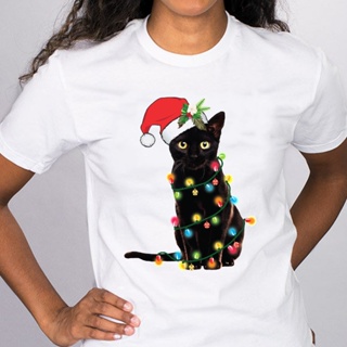 ⚡️ พร้อมส่ง⚡️ New Year Merry Christmas Cartoon 90s Women Graphic Cat Cool Clothes Print Tops Lady Tees Clothing