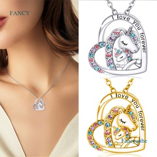 Fancyqube สร้อยคอเงินแท้ 925 จี้รูปยูนิคอร์น ประดับเพชรคริสตัล รูปหัวใจ เครื่องประดับ สําหรับเด็กผู้หญิง ของขวัญวันเกิด