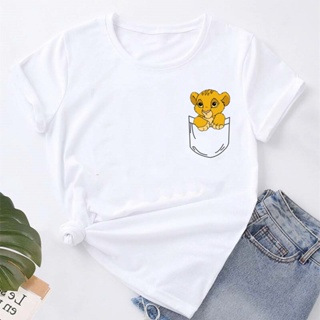 Cute Lion King Fake Pocket Women T Shirt Harajuku Women&#39;s Clothes Streetwear Kawaii T Shirt Cartoon Graphic Tees Dis