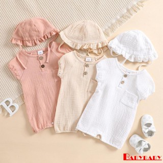 Babybaby- ชุดจั๊มสูท คอกลม แขนสั้น สีพื้น ฤดูร้อน + หมวกลูกไม้ สําหรับเด็ก