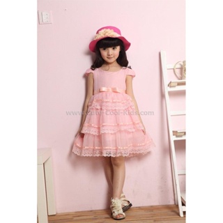Dress-396-2 ชุดกระโปรงเด็กหญิง สีส้มโอโรส แต่งลูกไม้ Size-140 (7-8Y)