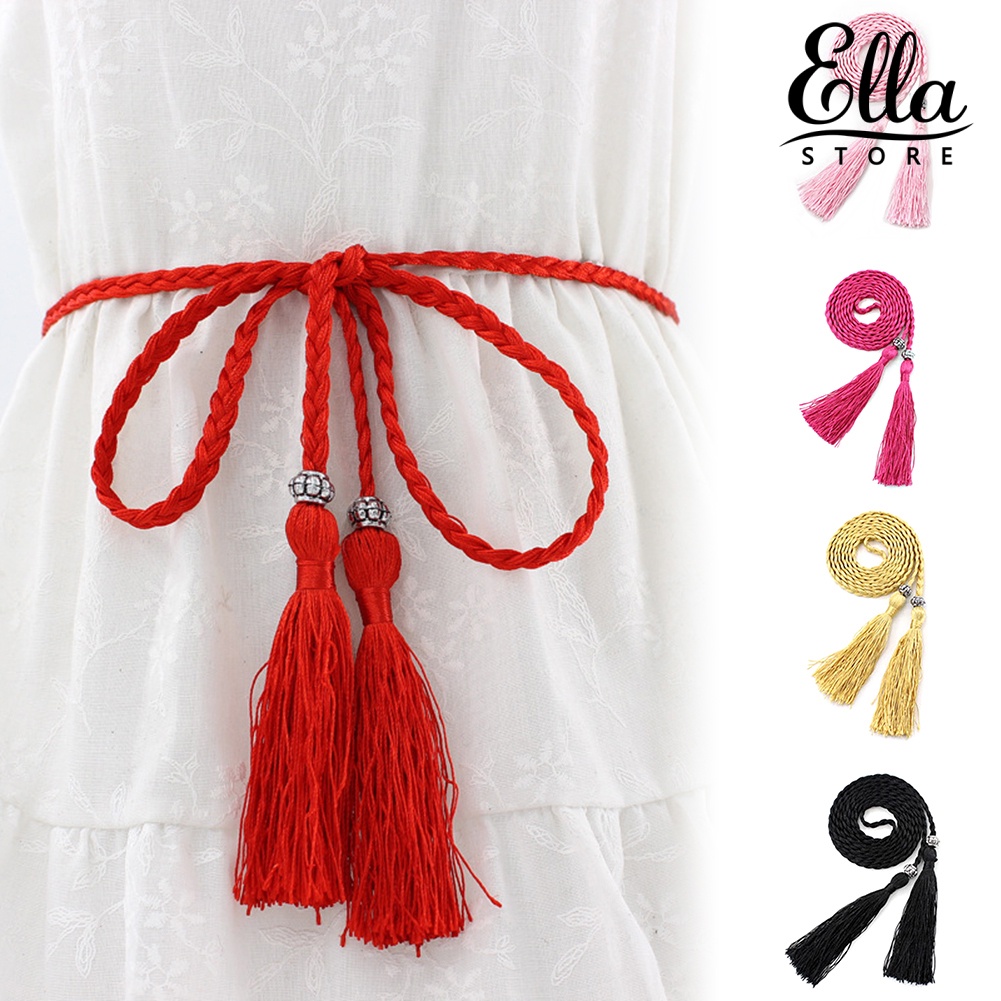 ellastore123-ผู้หญิงชนเผ่าถักปมพู่เข็มขัดคาดเอวผอมบางเชือกเอว