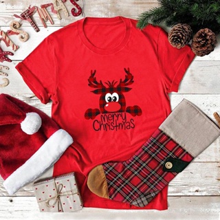 Christmas Deer Print T Shirt Women Cotton Cartoon Tshirt Short Sleeve T-shirt Tops Teeเสื้อยืดผู้หญิง