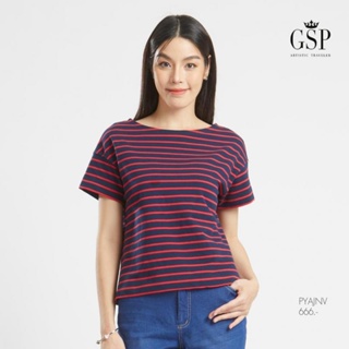 GSP เสื้อยืด เสื้อยืดผู้หญิง Blouse แขนสั้นลายริ้วสีกรมแดง Lucky Stripes (PYAJNV)