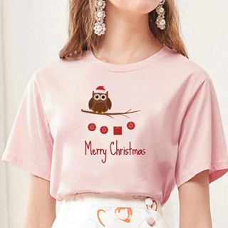 Owl Christmas Print New Harajuku Aesthetics Tshirt Short Sleeve Tops &amp; Tees Fashion Casual Couple T Shirt xmas