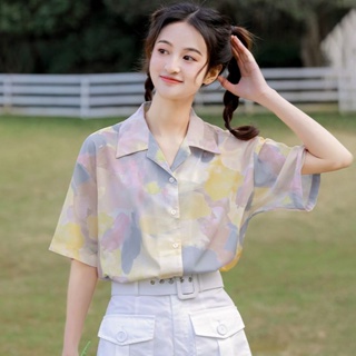 🔥จัดส่งจากประเทศไทย🔥ใหม่ เกาหลี Tie-DYE แขนสั้นเสื้อหญิง ความรู้สึกการออกแบบ ไล่ระดับสี พิมพ์Poloเสื้อ ป่า นักเรียน 02 U