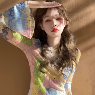 เสื้อยืดแขนยาว ผ้าเรยอน เข้ารูป พิมพ์ลาย กันแดด แฟชั่นฤดูร้อน สําหรับผู้หญิง