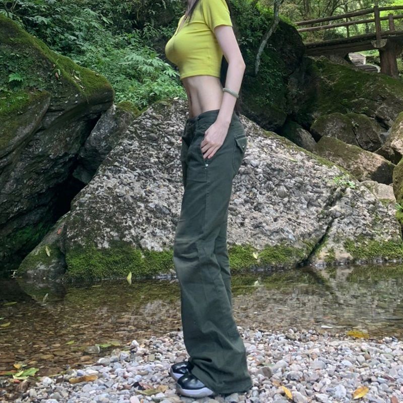 กางเกงขายาวหญิง-กางเกงยีนทรงกระบอกผู้หญิง-กางเกงคาร์โก้ยีนส์สีเขียวทหาร
