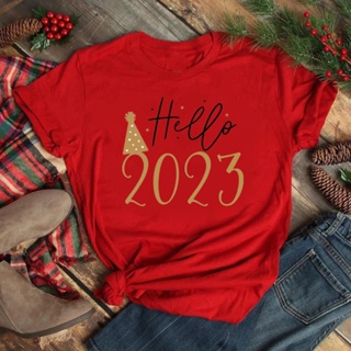 เสื้อยืดแขนสั้น ลาย Hello Christmas สีแดง แฟชั่นปีใหม่ สําหรับผู้หญิง 2023