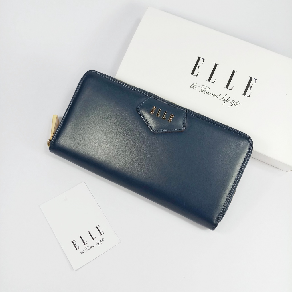 elle-bag-กระเป๋าสตางค์ผู้หญิงใบยาว-ซิปรอบ-สีน้ำเงินกรมท่า-หนังแท้หนังเรียบ-อะไหล่ทอง