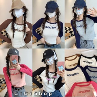 Cicishop(58067-3)Twotone Tops เสื้อครอปแขนยาวไหมพรมสีทูโทน ทอปักอกคิ้วท์ๆสไตล์โคเรีย