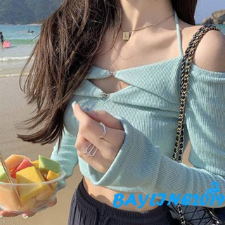 Bay-เสื้อครอปท็อปแขนยาวลําลอง ผ้าถัก แฟชั่นฤดูใบไม้ผลิ สําหรับผู้หญิง