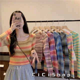 Cicishop(7290)เสื้อไหมพรมแขนยาว ลายทางคอเหลี่ย สีเรนโบว์จับแมทซ์ทุกลุคevery day