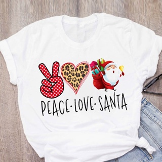 Leopard Heart Santa Women Graphic Cartoon Claus Clothes Merry Christmas Printed Tops Lady Tees Clothing Female T Shirt T