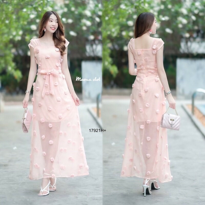 maxi-dress-ผ้าซีทรูแต่งปอมๆ-สวยมาก