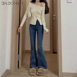 DaDuHey💕 Womens Dark Blue New High Waist Slim Slim Skinny Skinny Jeans Mop Fashion Elastic All-Match Bell-Bottom Pants