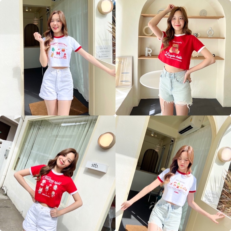 christmas-twotone-crop-เสื้อยืดเเขนสั้น-สกรีนลายตีมคริสต์มาสเสื้อยืดสีขาว