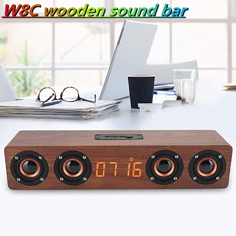 Wooden Wreless Bluetooth Speaker Home Theater Soundbar Column Multifunctional Retro LED Alarm