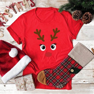Christmas Deer T Shirt Women Cotton TShirts O-Neck Short Sleeve Graphic Tee T-shirtเสื้อยืดผู้หญิง