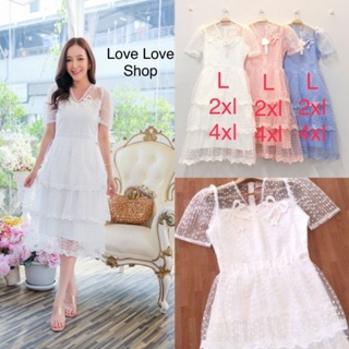 สวยทั้ง4สี!!! L-4XL Mini Dress เดรสขาวปักลูกไม้กระโปรงระบายชั้นๆ งานป้าย Love Love