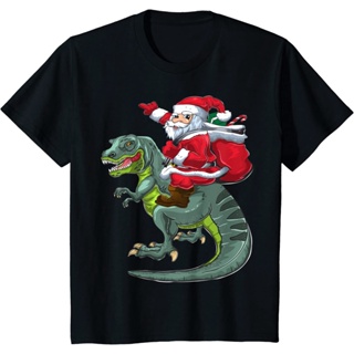 เสื้อยืด พิมพ์ลายไดโนเสาร์ ซานต้าคลอส ของขวัญคริสต์มาส สําหรับผู้ชายเสื้อคู่รัก